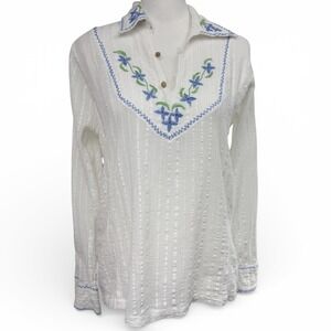 Star of India Vintage Floral Embroidered Boho Hippie Top‎ Size M Gauze Cotton